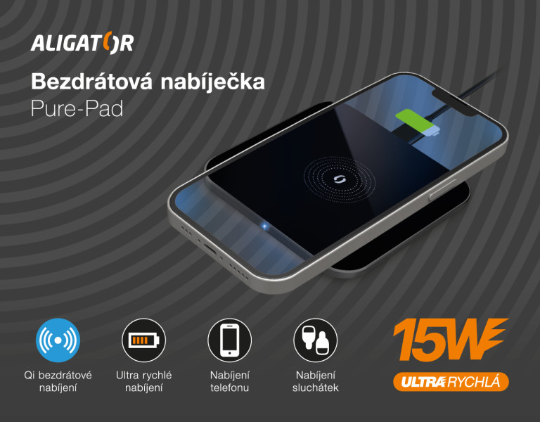 ALIGATOR bezdrôtová nabíjačka Aligator Pure-Pad 15W, čierna 
