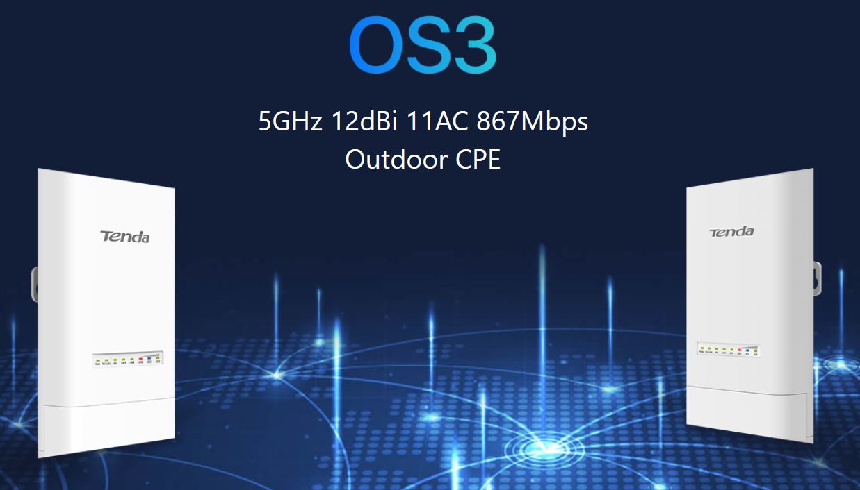Tenda OS3 Outdoor CPE 5 GHz WiFi AC900, 867Mb/ s, 4x LAN, 12 dBi, IP65, pasívna PoE výhybka + adaptér 