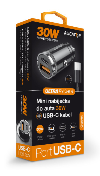 Aligator mini nabíjačka do auta Power Delivery 30W, USB-C + USB-A, USB-C/ USB-C kábel 