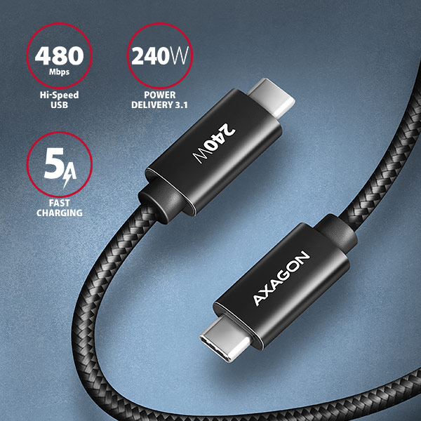 AXAGON BUCM2-CM30AB, CHARGE kábel USB-C <-> USB-C, 3m, Hi-Speed USB, PD 240W 5A, ALU, oplet, čierny 