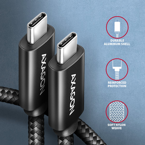 AXAGON BUCM2-CM30AB, CHARGE kábel USB-C <-> USB-C, 3m, Hi-Speed USB, PD 240W 5A, ALU, oplet, čierny 