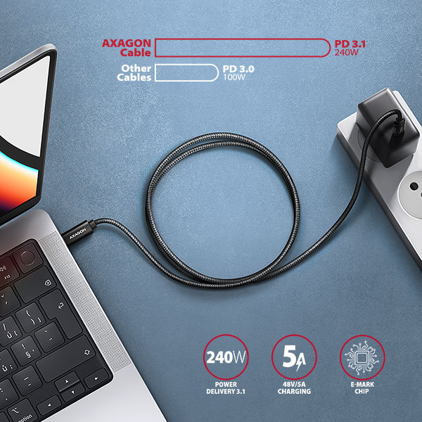 AXAGON BUCM2-CM30AB, CHARGE kábel USB-C <-> USB-C, 3m, Hi-Speed USB, PD 240W 5A, ALU, oplet, čierny 
