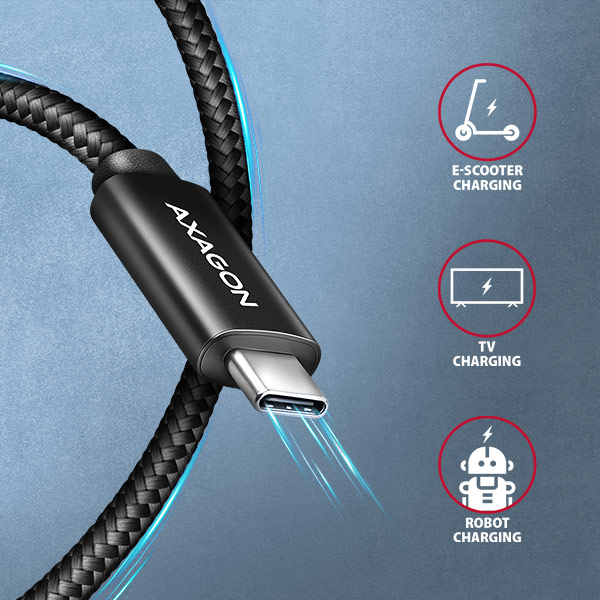 AXAGON BUCM2-CM30AB, CHARGE kábel USB-C <-> USB-C, 3m, Hi-Speed USB, PD 240W 5A, ALU, oplet, čierny 
