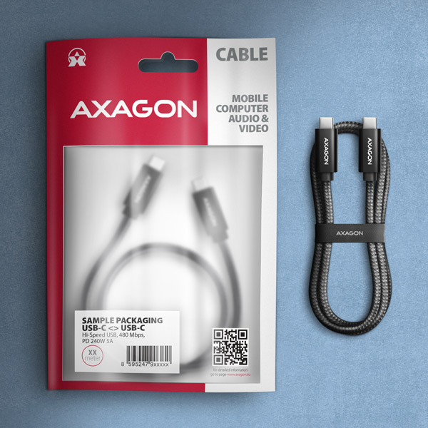 AXAGON BUCM2-CM30AB, CHARGE kábel USB-C <-> USB-C, 3m, Hi-Speed USB, PD 240W 5A, ALU, oplet, čierny 