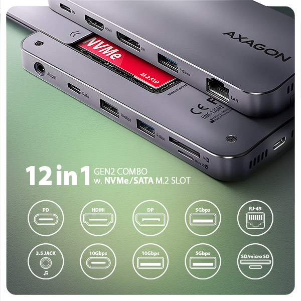 AXAGON HMC-12GM2, USB 10Gbps hub, 3x USB-A, USB-C, HDMI, DP, RJ-45 GLAN, M.2, SD/ mSD, audio, PD 