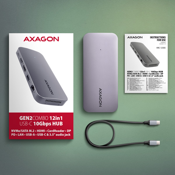 AXAGON HMC-12GM2, USB 10Gbps hub, 3x USB-A, USB-C, HDMI, DP, RJ-45 GLAN, M.2, SD/ mSD, audio, PD 