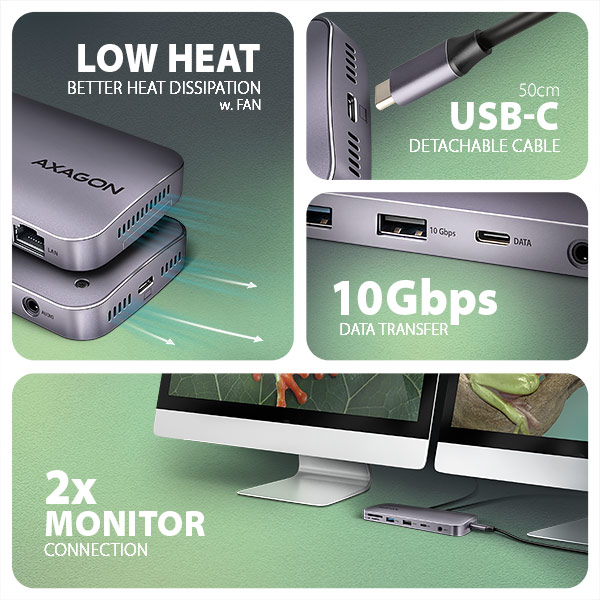 AXAGON HMC-12GM2, USB 10Gbps hub, 3x USB-A, USB-C, HDMI, DP, RJ-45 GLAN, M.2, SD/ mSD, audio, PD 