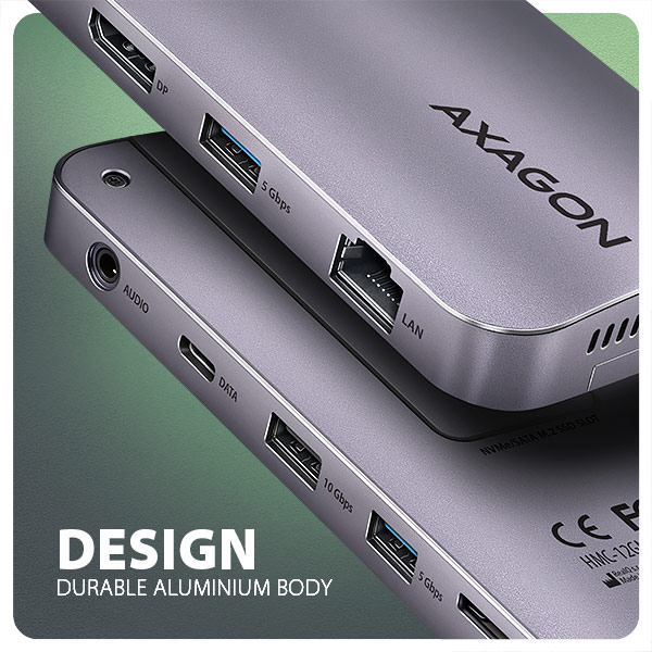 AXAGON HMC-12GM2, USB 10Gbps hub, 3x USB-A, USB-C, HDMI, DP, RJ-45 GLAN, M.2, SD/ mSD, audio, PD 