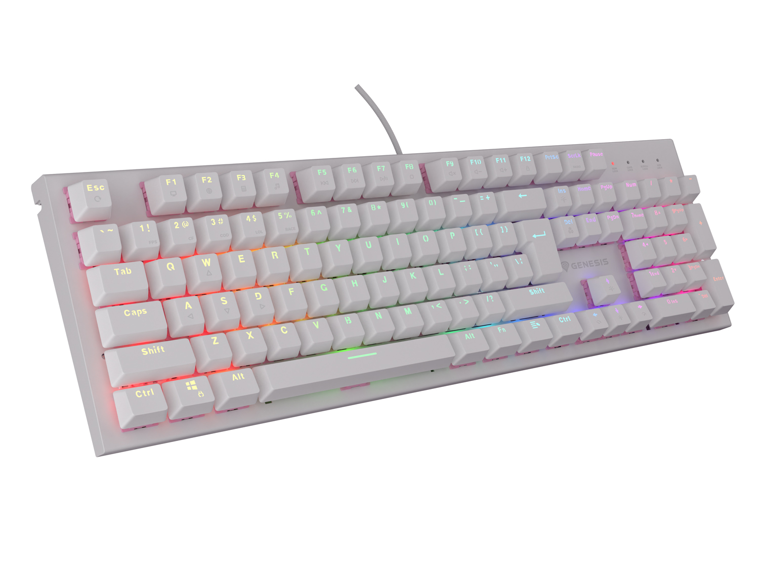 Genesis herná mechanická klávesnica THOR 303/ RGB/ Outemu Peach Silent/ Drôtová USB/ US layout/ Biela 