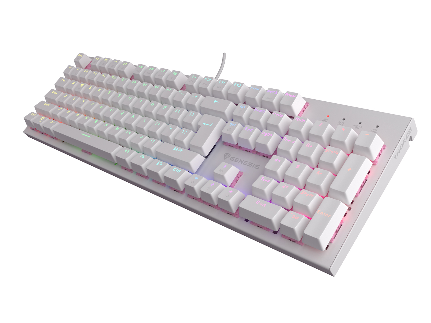 Genesis herná mechanická klávesnica THOR 303/ RGB/ Outemu Peach Silent/ Drôtová USB/ US layout/ Biela 