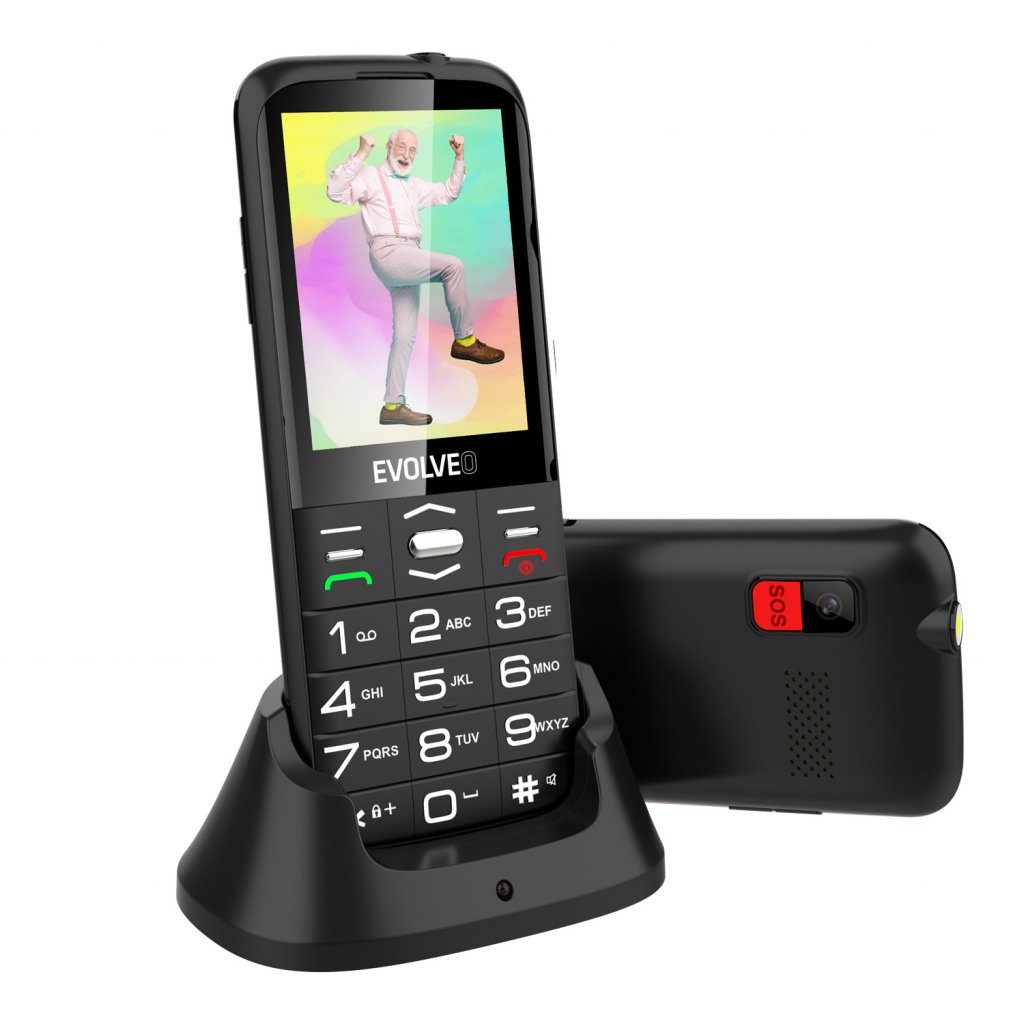 EVOLVEO EasyPhone XO, mobilný telefón pre seniorov s nabíjacím stojanom (čierna farba) 