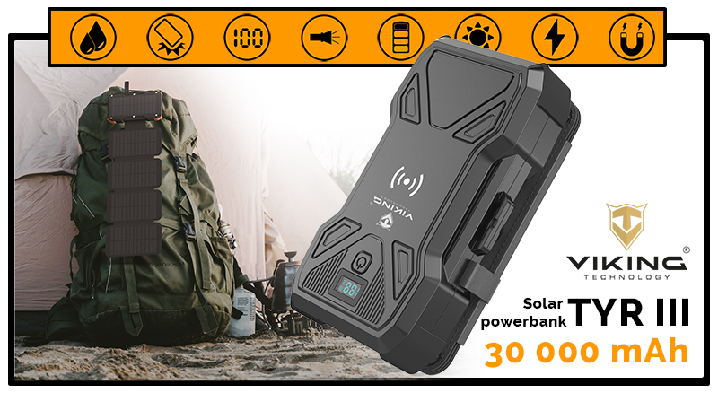 Solárna powerbanka VIKING TYR III/ Output: 1xUSB-C, 2xUSB-A/ Wireless charge 15W max/ 30000mAh/ LED svetlo 