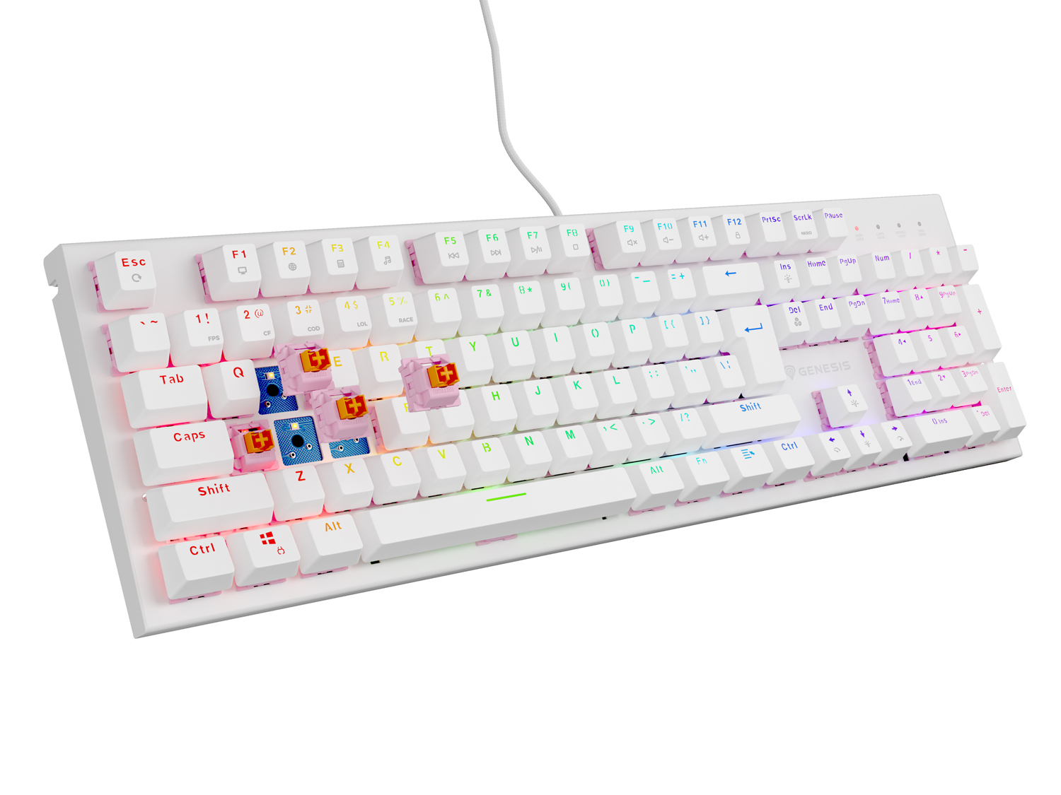 Genesis herná mechanická klávesnica THOR 303/ RGB/ Outemu Peach Silent/ Drôtová USB/ US layout/ Biela 