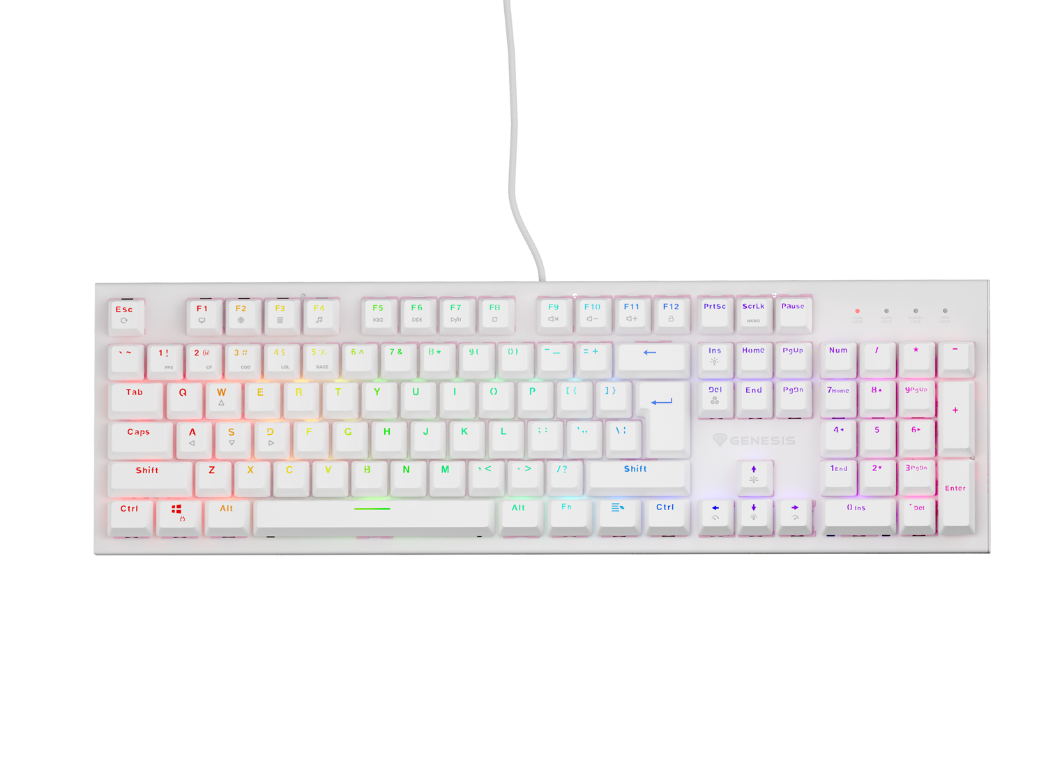 Genesis herná mechanická klávesnica THOR 303/ RGB/ Outemu Peach Silent/ Drôtová USB/ US layout/ Biela 