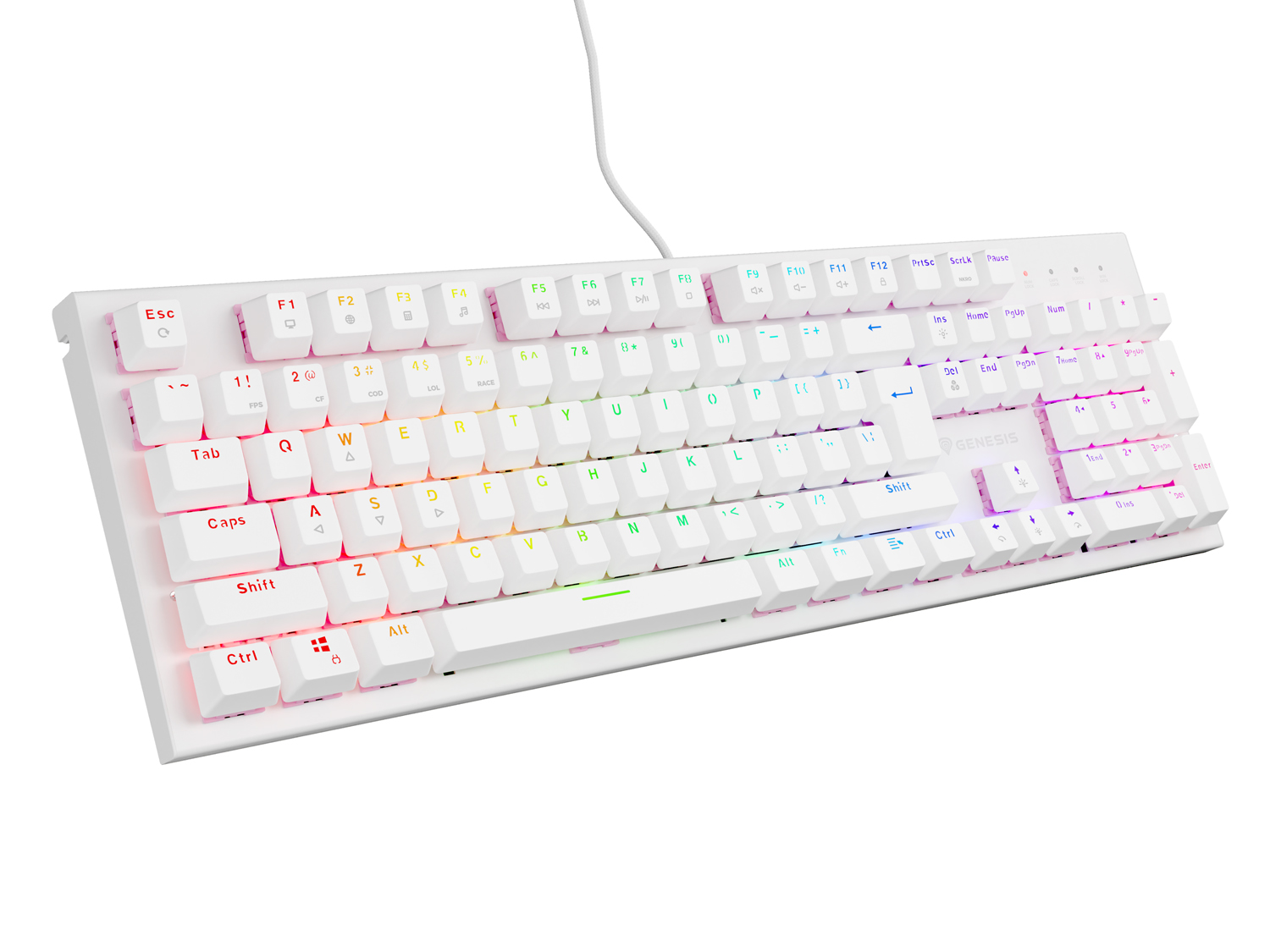 Genesis herná mechanická klávesnica THOR 303/ RGB/ Outemu Peach Silent/ Drôtová USB/ US layout/ Biela 