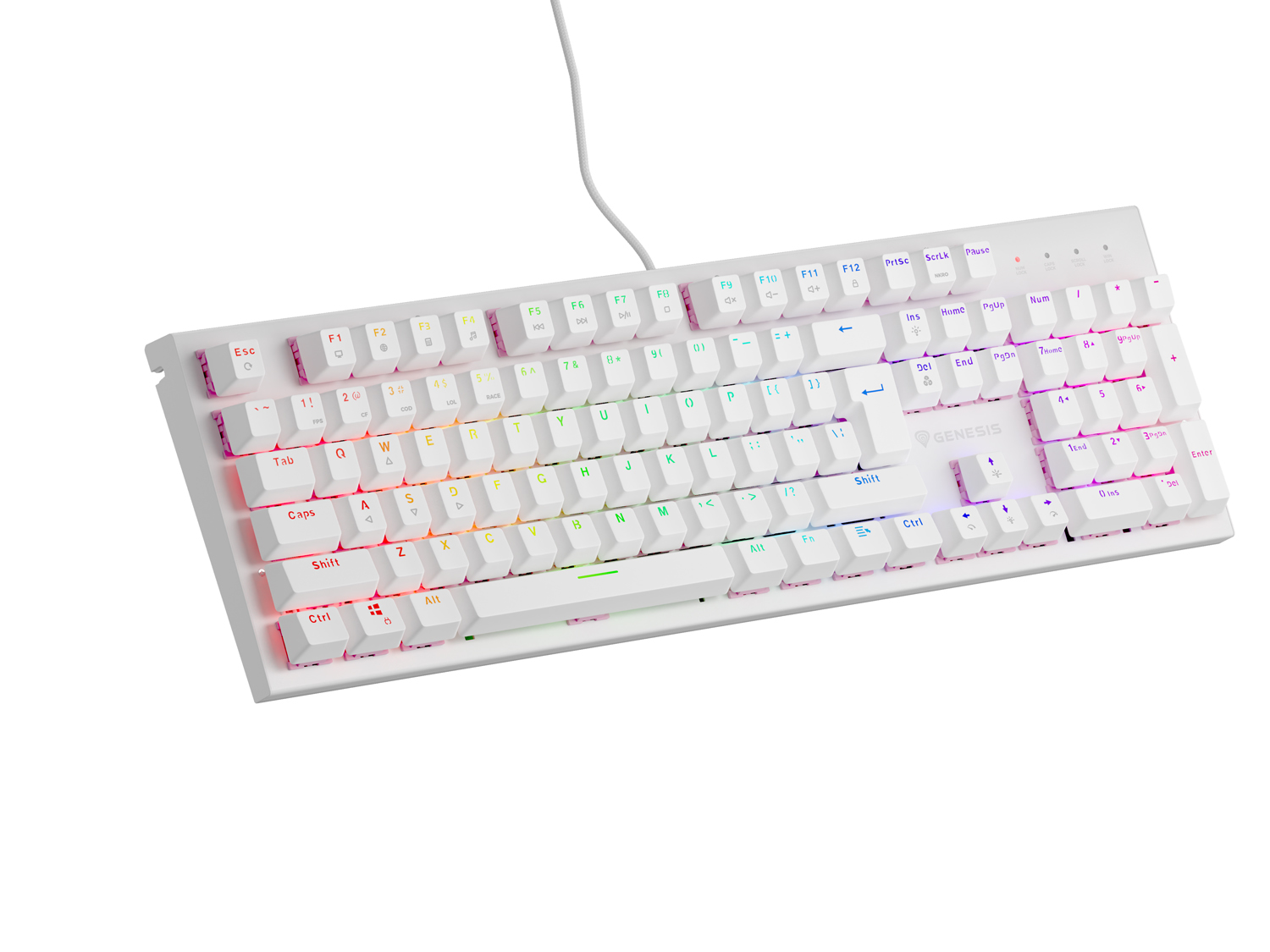 Genesis herná mechanická klávesnica THOR 303/ RGB/ Outemu Peach Silent/ Drôtová USB/ US layout/ Biela 
