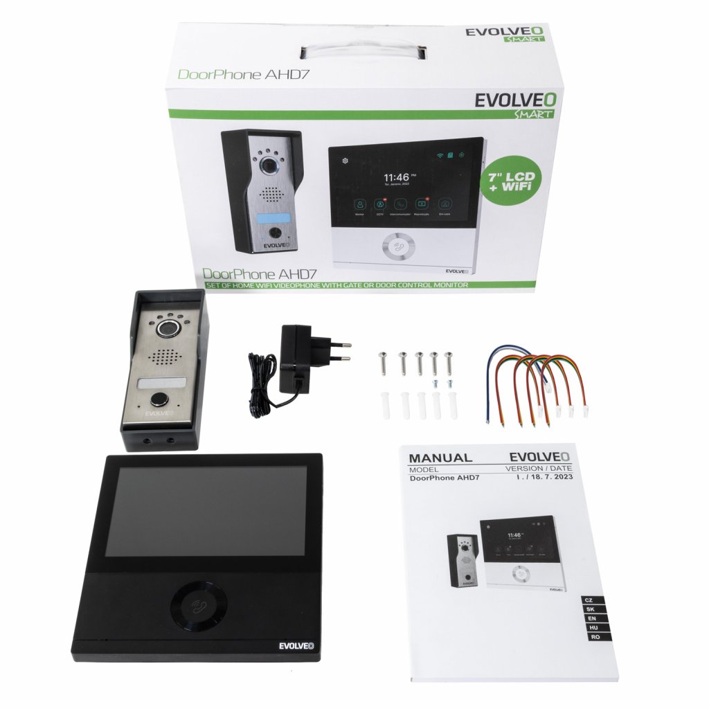 EVOLVEO DoorPhone AHD7, Sada domáceho WiFi videotelefónu s ovládaním brány alebo dverí, čierny monitor 