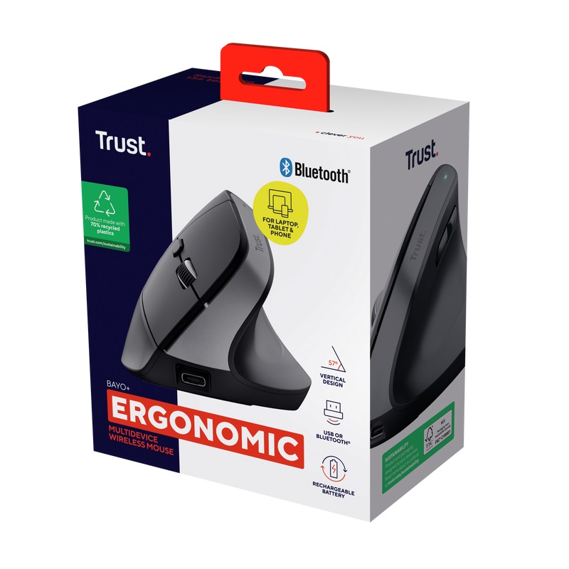 Trust Bayo+/ Vertikálna/ Optická/ Pre pravákov/ 2 400 DPI/ USB+BT/ Čierna 