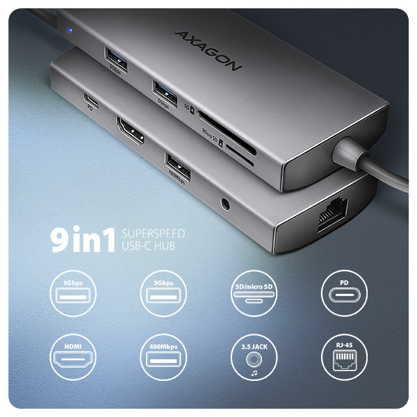 AXAGON HMC-8HLSA, USB 5Gbps hub, 3x USB-A, HDMI 4k/ 60Hz, RJ-45 GLAN, SD/ microSD, audio, PD 100W 