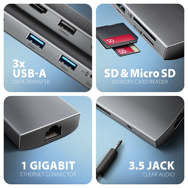 AXAGON HMC-8HLSA, USB 5Gbps hub, 3x USB-A, HDMI 4k/ 60Hz, RJ-45 GLAN, SD/ microSD, audio, PD 100W 