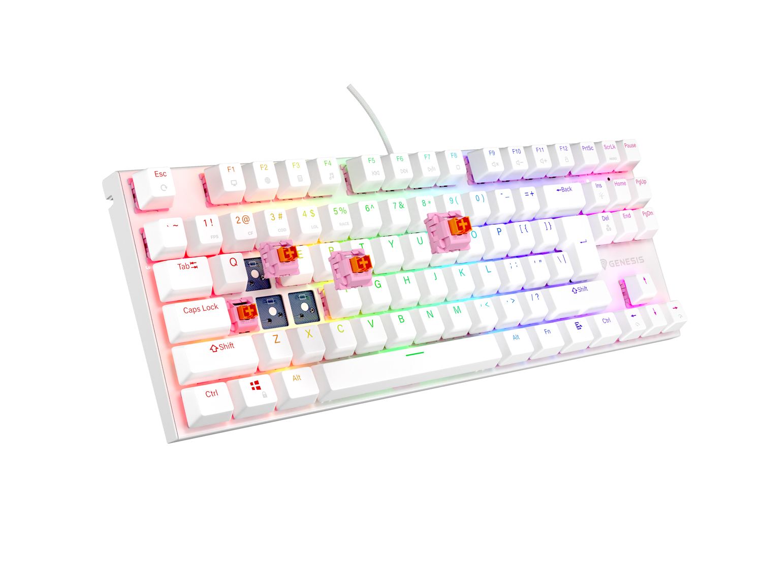 Genesis tichá herná klávesnica THOR 303/ TKL/ RGB/ Outemu Peach Silent/ Drôtová USB/ US layout/ Biela 