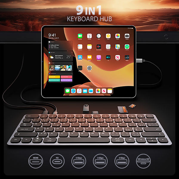AXAGON HMC-KB-CS, USB 5Gbps hub s CZ/ SK klávesnicou, HDMI 4K/ 60Hz, 3x USB-A, SD/ mSD, audio, PD 100W 