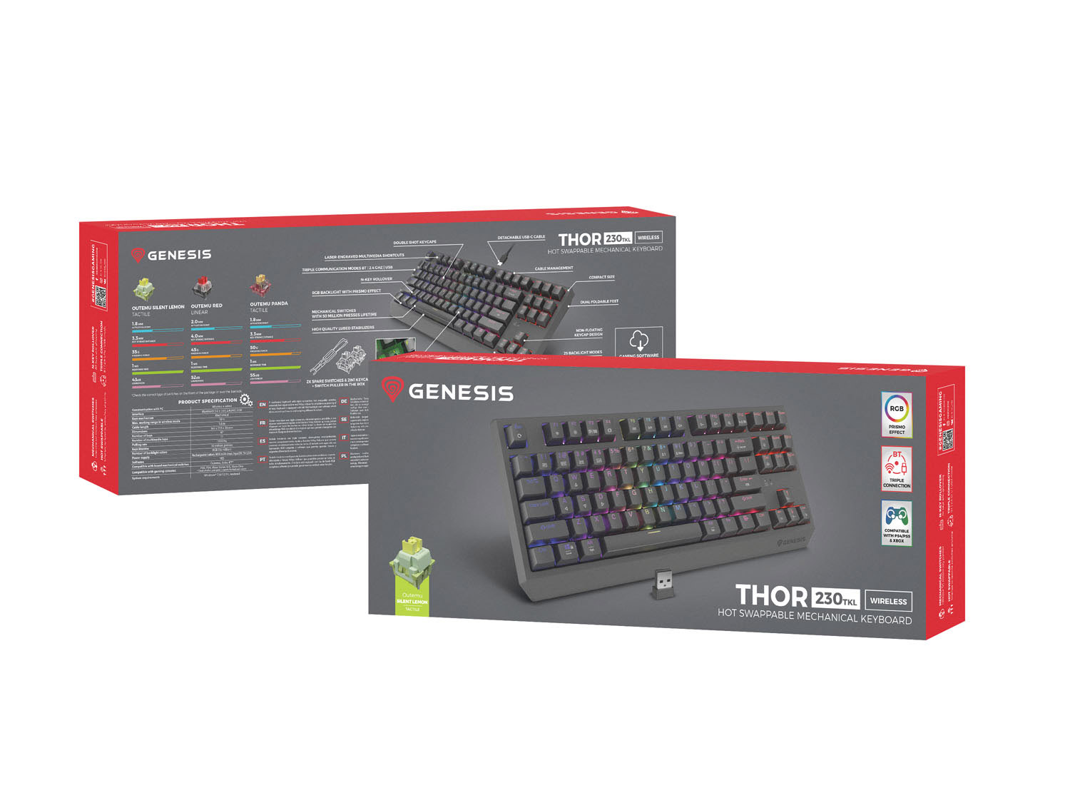 GENESIS herná klávesnica THOR 230/ TKL/ RGB/ Outemu Silent Lemon/ Bezdrôtová USB + Bluetooth/ US layout/ Č 