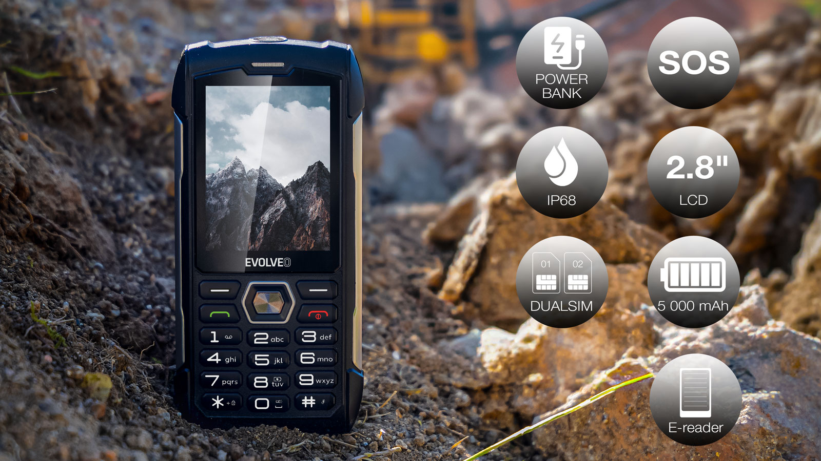 EVOLVEO StrongPhone H1, IP68 odolný Dual SIM telefón, 2, 8" LCD, 5000mAh, Powerbanka, čierno-sivý 