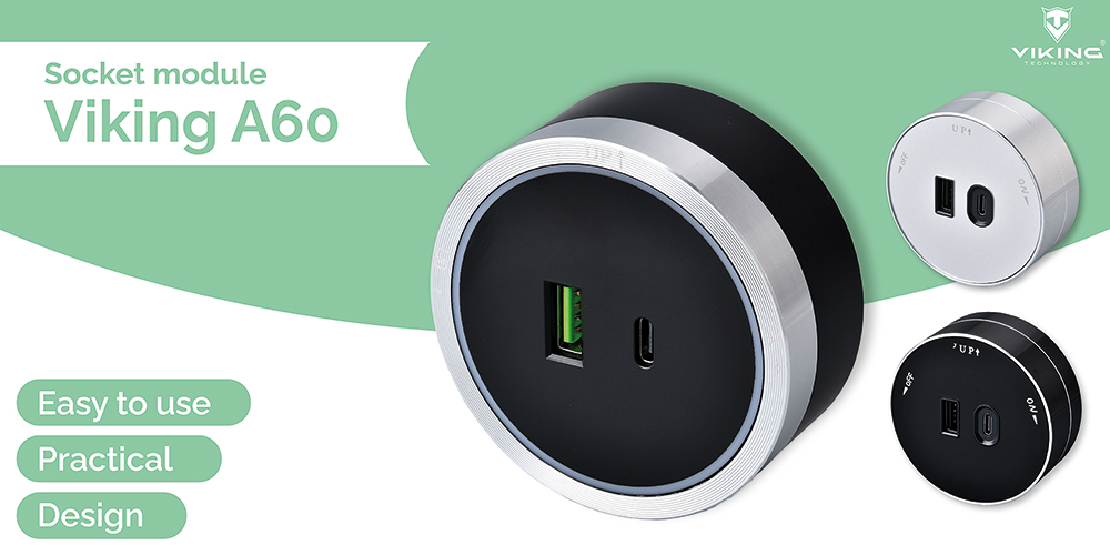 Zásuvkový modul Viking A60B, čierna/ výstupy - 1xUSB-A, 1xUSB-C/ výkon až 2500W/ 230V, 16A, 50Hz 