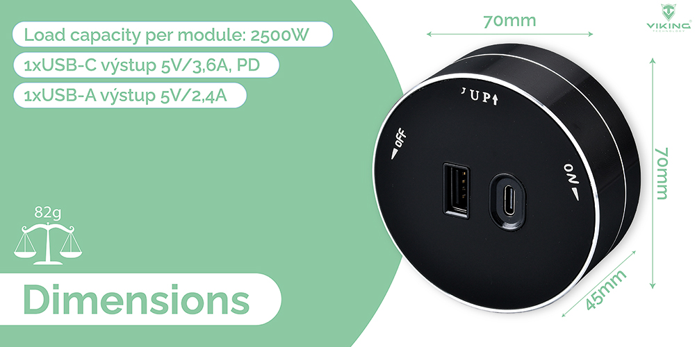 Zásuvkový modul Viking A60S, strieborná/ výstupy - 1xUSB-A, 1xUSB-C/ výkon až 2500W/ 230V, 16A, 50Hz 