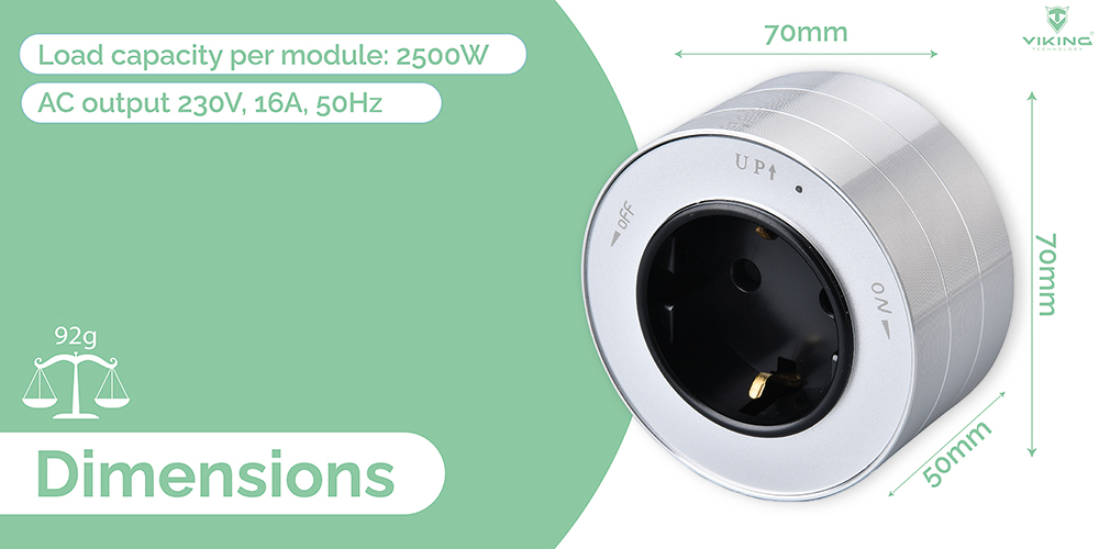 Zásuvkový modul Viking A40S, strieborná/ výstupy - 1xAC/ výkon až 2500W/ 230V, 16A, 50Hz/ Zásuvka typu E 