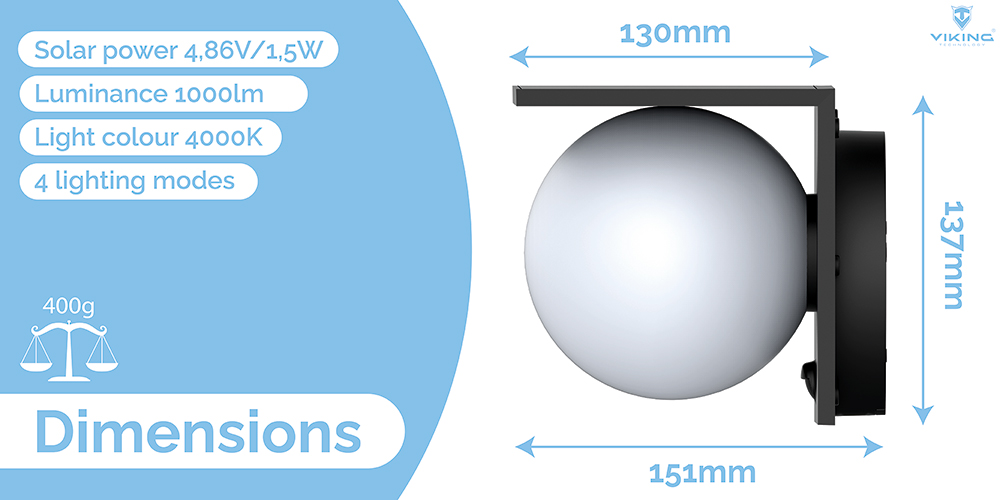 Vonkajšie solárne LED svetlo Viking SR26/ 1000 lm/ 4 režimy/ IP54/ denná biela 