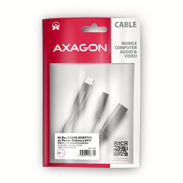AXAGON ADA-HCPD, USB-C na 3.5mm jack - Hi-Res DAC audio adaptér, 384kHz/ 32bit, stereo, PD 60W 3A 