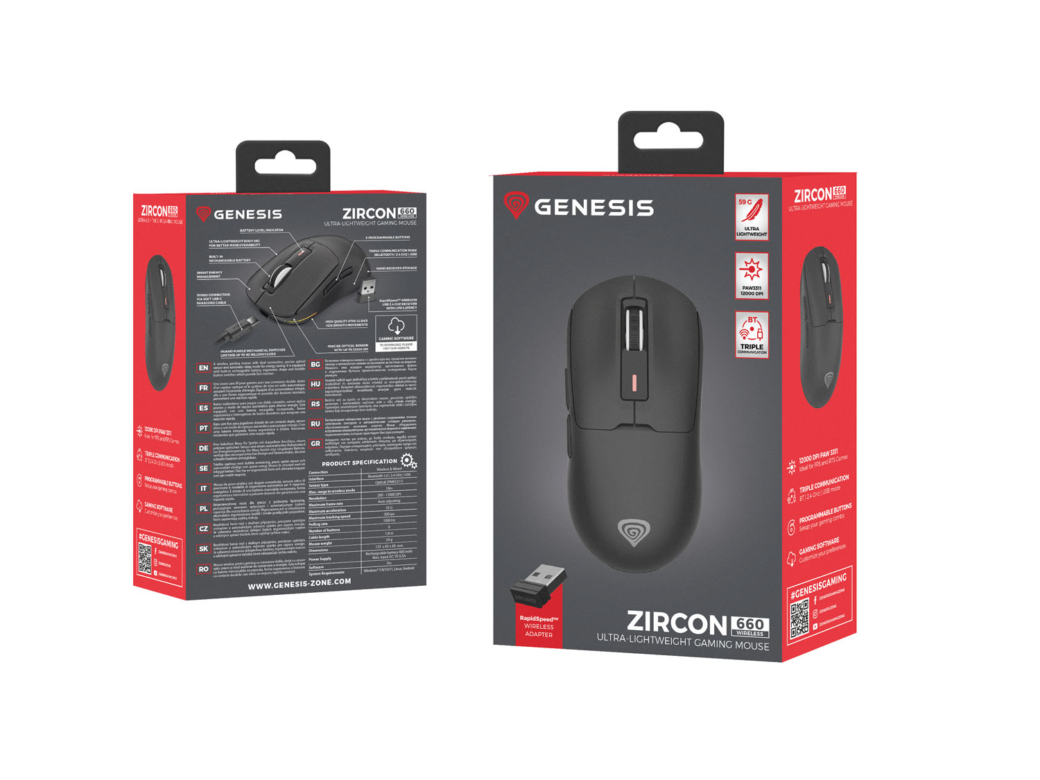 Genesis herná myš ZIRCON 660/ Herná/ Optická/ 12 000 DPI/ Drôtové/ Bezdrôtové/ Čierna 