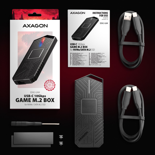 AXAGON EEM2-GAM, USB-C 10Gbps - NVMe & SATA SSD GAME M.2 box, bezskrutkový 