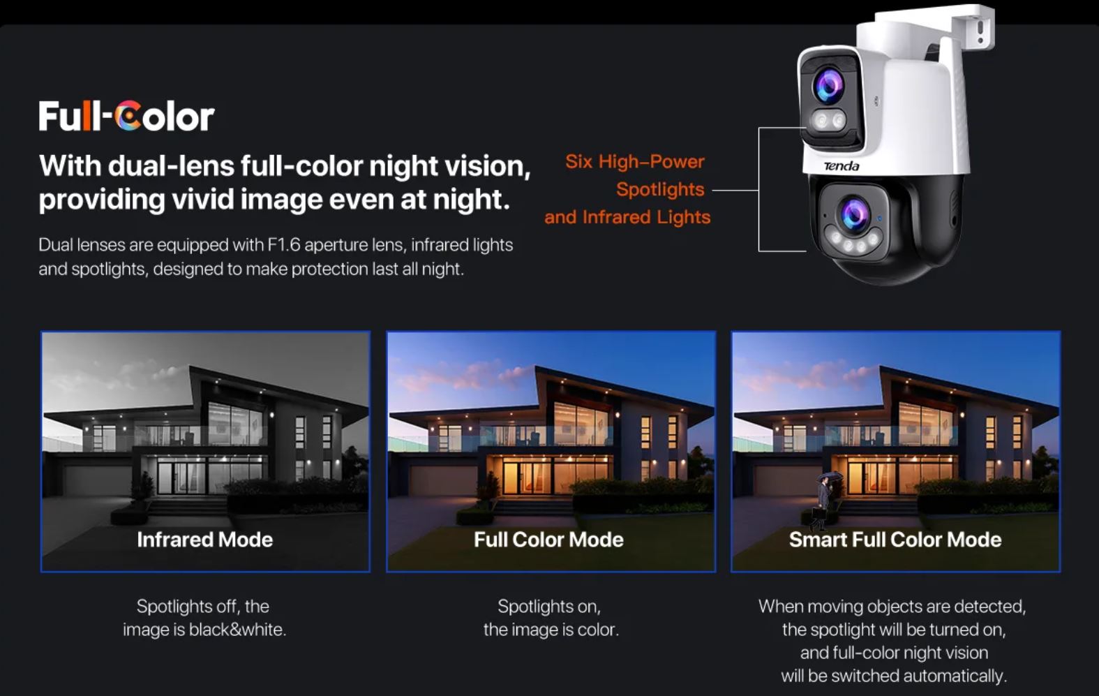 Tenda RH9-WCA - Vonkajšia otočná Dual Lens IP65 WiFi 6 MPx kamera, nočná LED, audio, detekcia, CZ app 