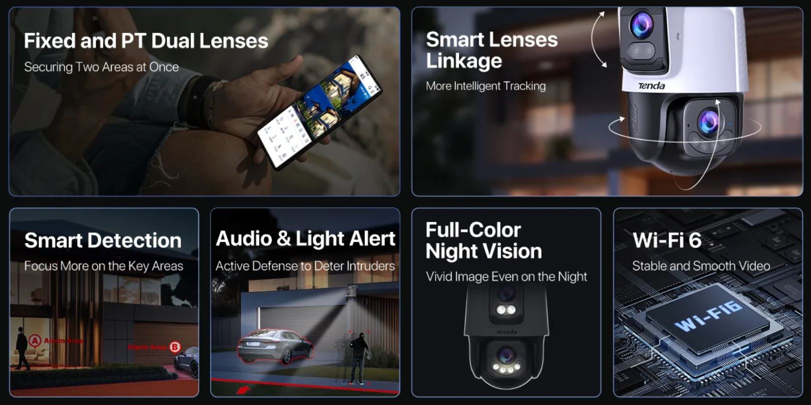 Tenda RH9-WCA - Vonkajšia otočná Dual Lens IP65 WiFi 6 MPx kamera, nočná LED, audio, detekcia, CZ app 