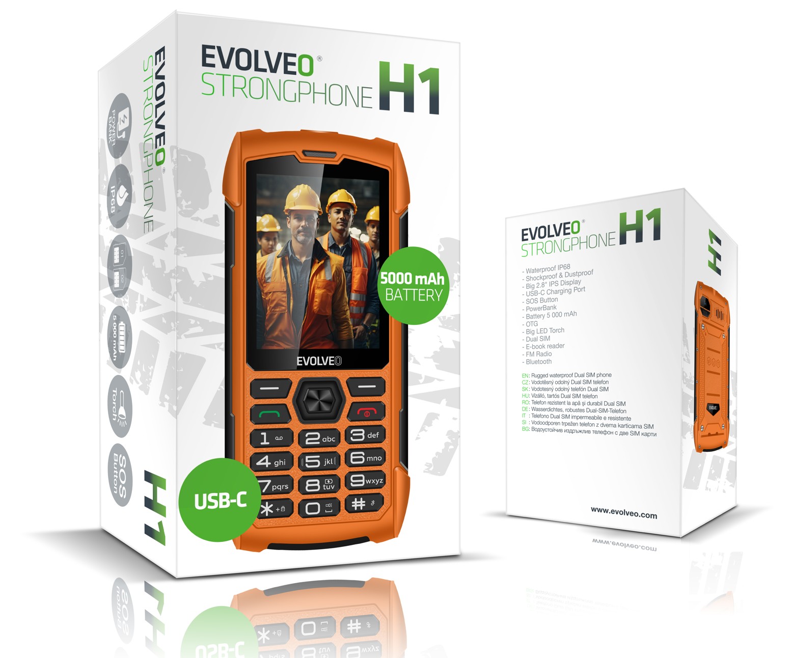 EVOLVEO StrongPhone H1, IP68 odolný Dual SIM telefón, 2, 8" LCD, 5000mAh, Powerbanka, oranžový 