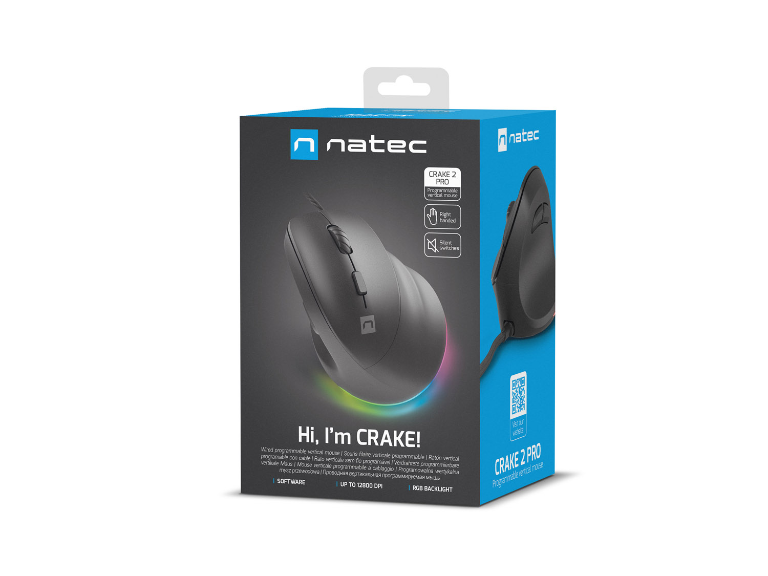 Vertikálna myš Natec CRAKE 2 PRO/ Vertikálna/ Optická/ Pre pravákov/ 12 400 DPI/ Drôtové USB-A/ Čierna 