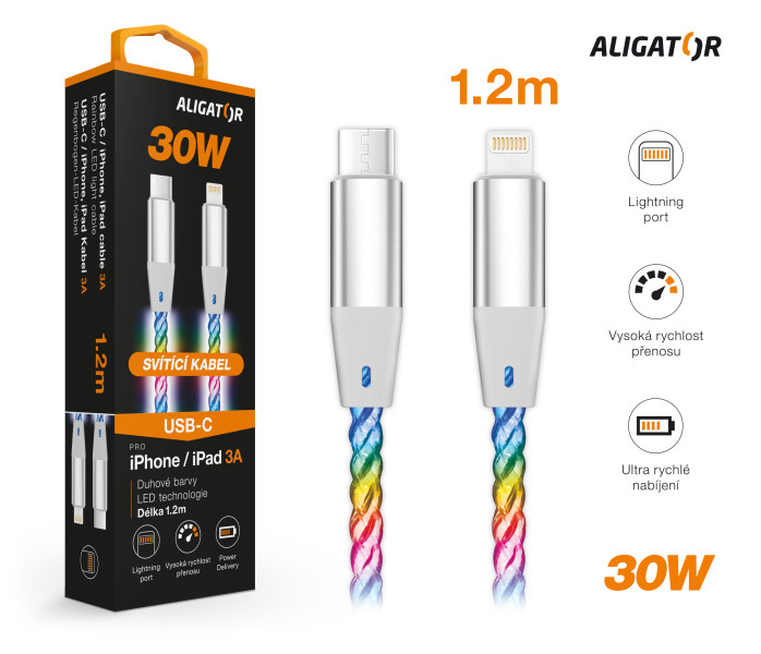 ALIGATOR Dátový kábel LIGHT 3A, 30W USB-C/ Lightning 0, 5m 