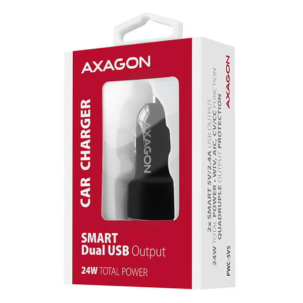 AXAGON PWC-5V5, SMART nabíjačka do auta, 2x port 5V-2.4A + 2.4A, 24W 