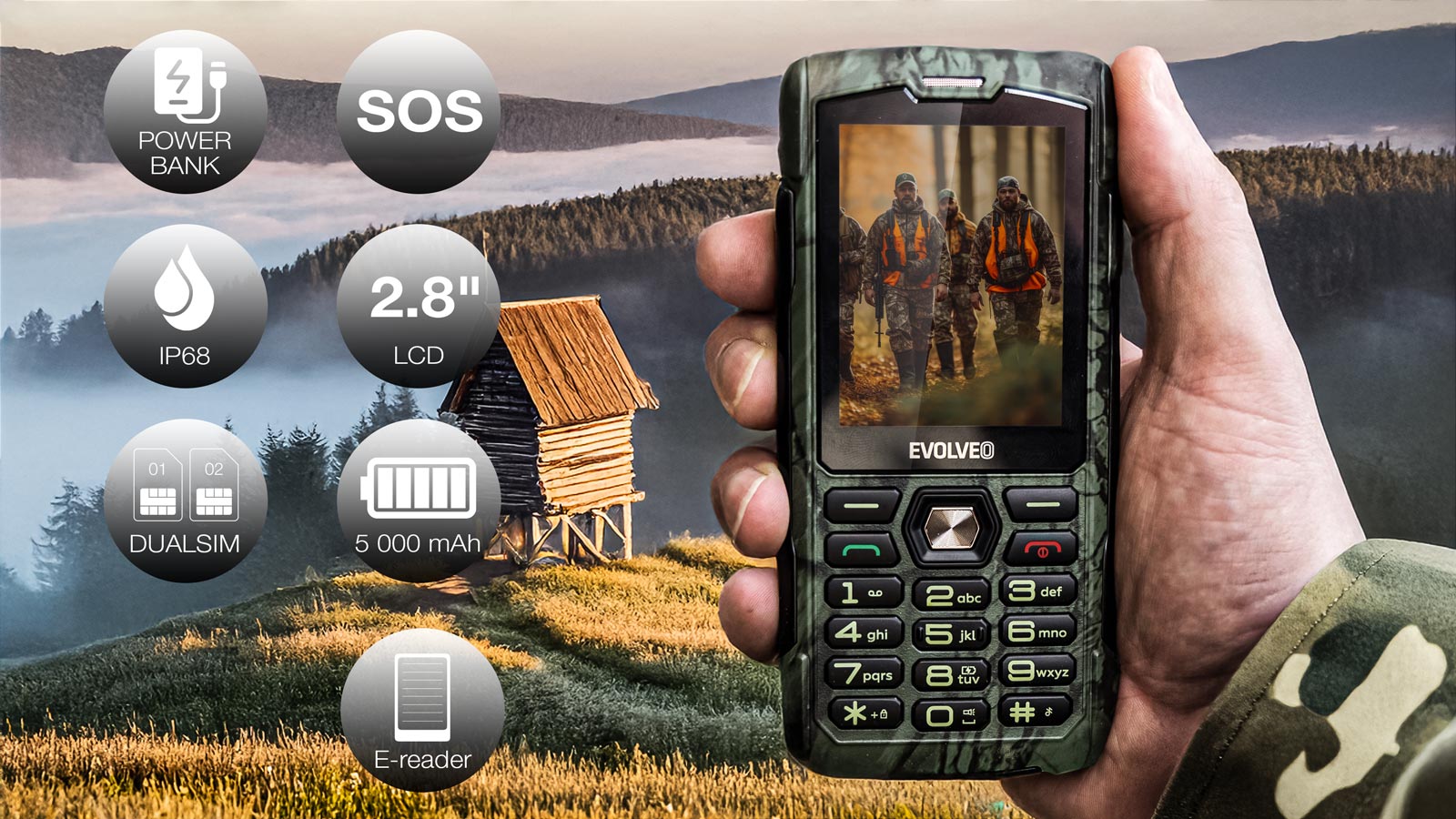 EVOLVEO StrongPhone H1, IP68 odolný Dual SIM telefón, 2, 8" LCD, 5000mAh, Powerbanka, lovec. kamufláž 
