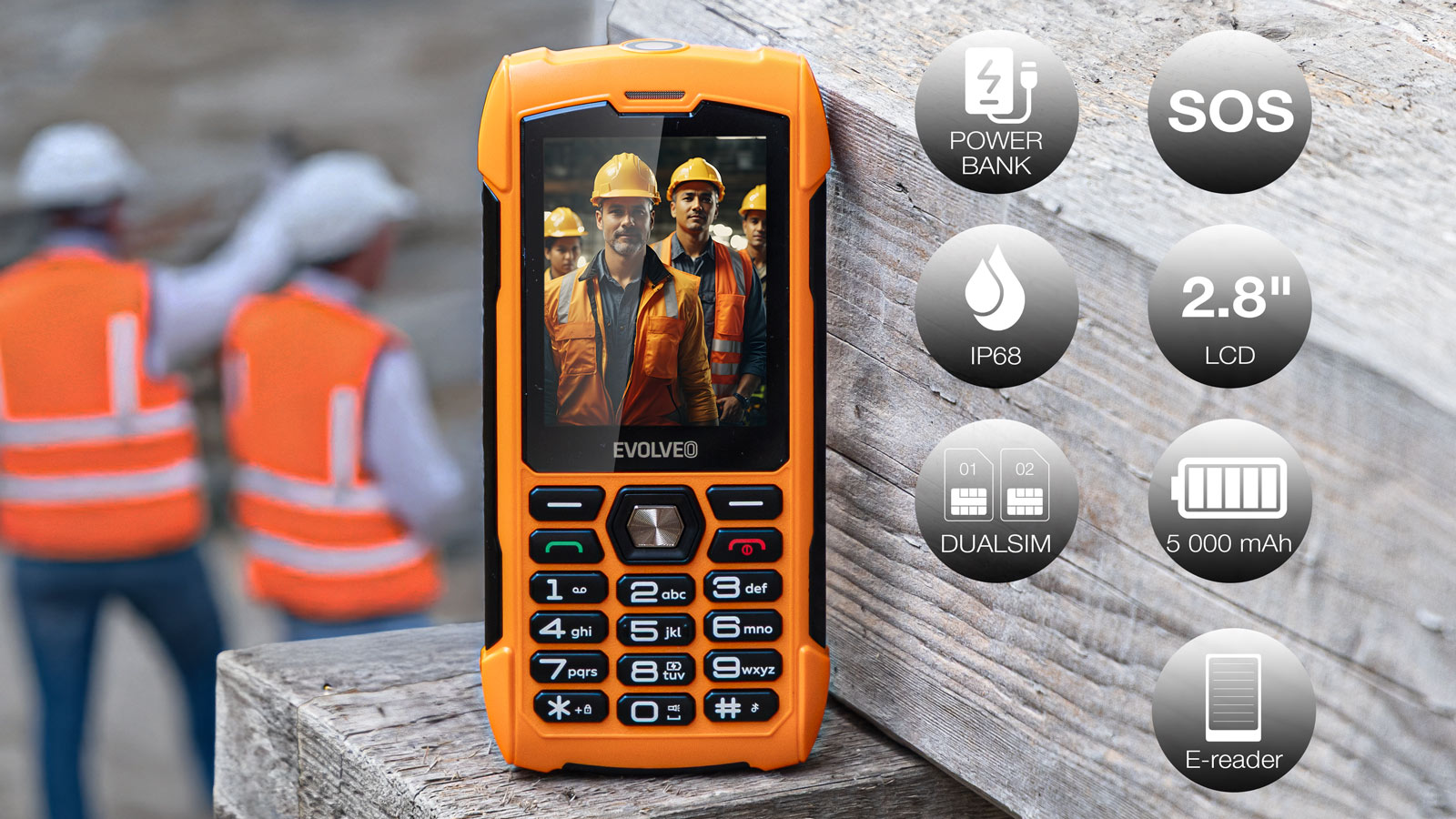 EVOLVEO StrongPhone H1, IP68 odolný Dual SIM telefón, 2, 8" LCD, 5000mAh, Powerbanka, oranžový 