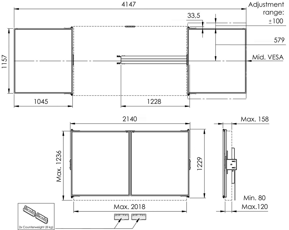 Vogel"s RISE WBS86M keramické tabule so závesmi pre 86" obrazovky na stojanoch RISE 5xxx 