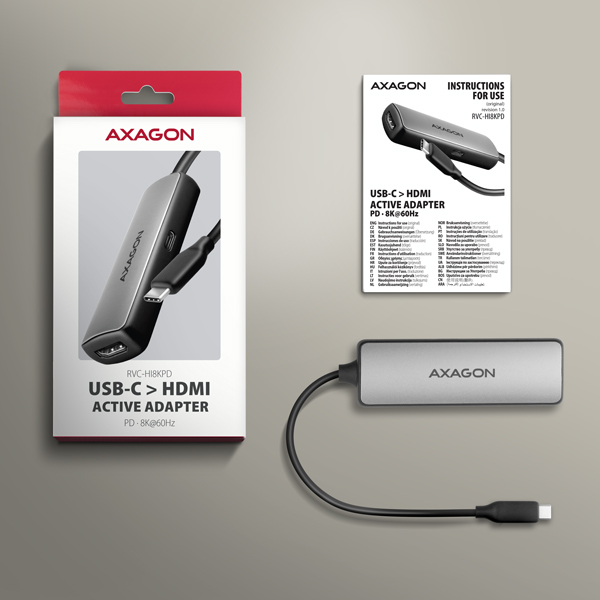 AXAGON RVC-HI8KPD, USB-C -> HDMI 2.1 redukcia/ adapter, 8K/ 60Hz, 4K/ 144Hz, HDR10+, PD100W 