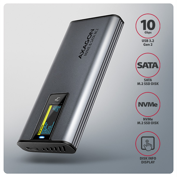 AXAGON EEM2-SD2, USB-C 10Gbps externý box s displejom pre M.2 NVMe/ SATA SSD, bezskrutkový, strieborný 