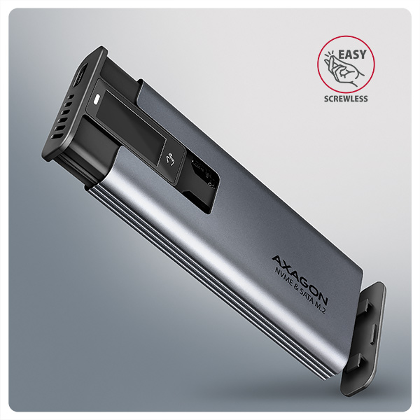 AXAGON EEM2-SD2, USB-C 10Gbps externý box s displejom pre M.2 NVMe/ SATA SSD, bezskrutkový, strieborný 