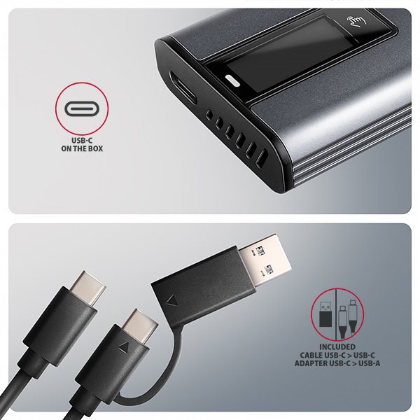 AXAGON EEM2-SD2, USB-C 10Gbps externý box s displejom pre M.2 NVMe/ SATA SSD, bezskrutkový, strieborný 