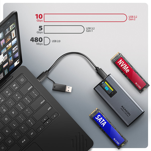 AXAGON EEM2-SD2, USB-C 10Gbps externý box s displejom pre M.2 NVMe/ SATA SSD, bezskrutkový, strieborný 