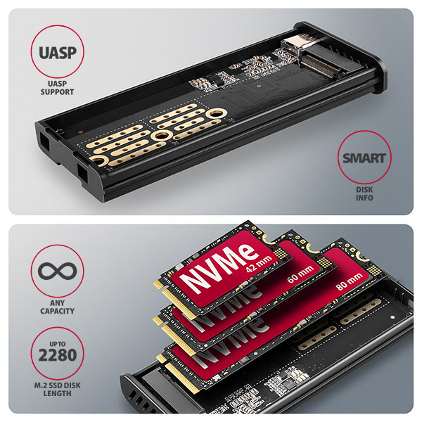 AXAGON EEM2-SD2, USB-C 10Gbps externý box s displejom pre M.2 NVMe/ SATA SSD, bezskrutkový, strieborný 